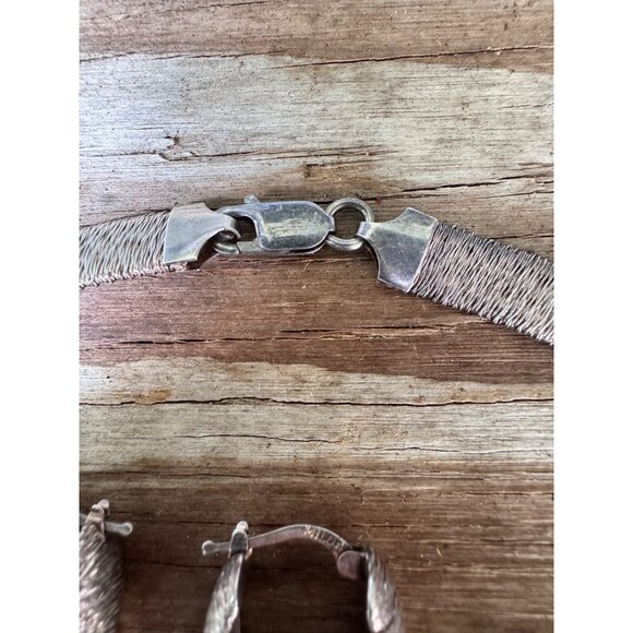 Vintage Wire Wrapped Sterling Silver Choker Necklace Hoop Earrings Set - Picture 9 of 9